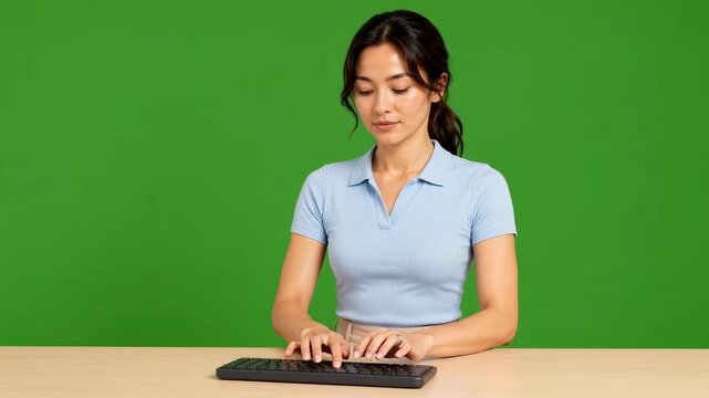 Woman typing on a keyboard at a desk against a green background