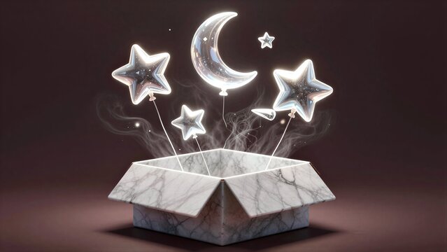 Marble box opens to reveal glowing stars and crescent moons floating upward.