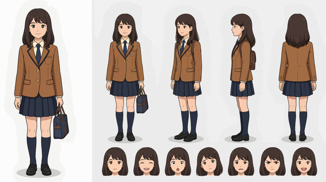 Original fictional female student character reference sheet showing multiple body angles, facial expressions, and school uniform details for character design