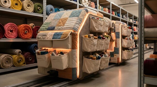 Automated textile warehouse robot moves on rails through fabric rolls.