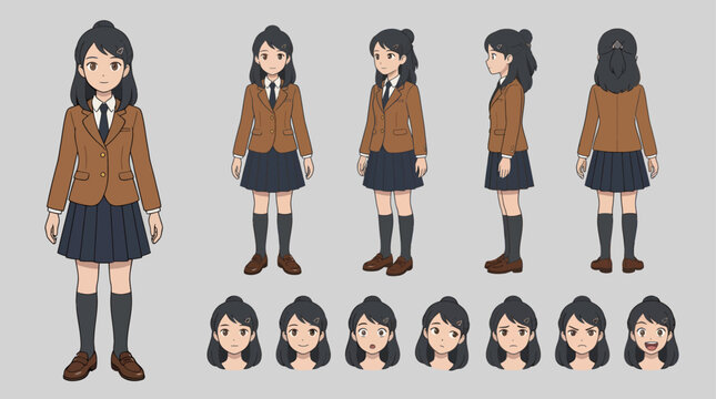Original fictional female student character reference sheet showing multiple body angles, facial expressions, and school uniform details for character design