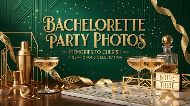 Bachelorette party photos sign with gold lettering on green backdrop.
