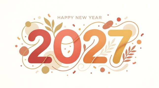 New year 2027 holiday greeting card features warm orange art shapes.
