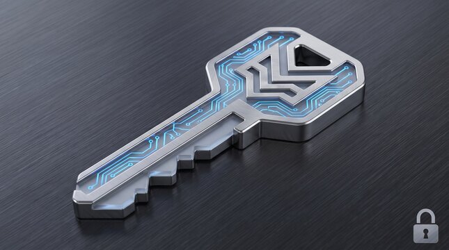 Futuristic digital key with glowing circuit board patterns rests on a brushed dark metal surface to represent cybersecurity.