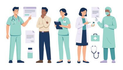 Fototapeta premium Medical Team and Healthcare Worker Character Set Featuring Doctors Nurses Surgeon and Patient Consulting with Icons for Health Checkup Vector Illustration