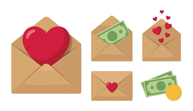 Kraft Paper Envelope Icon Set with Red Hearts and Green Money Cash for Love Letters Remittance Vector Illustration