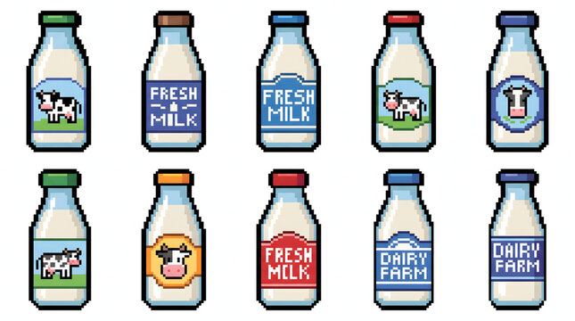 Collection of pixel art milk bottles with colorful caps and cow labels for retro video games