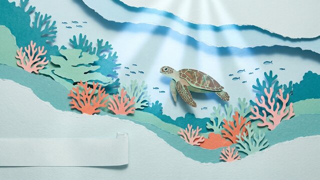Ocean sustainability concept featuring a papercraft sea turtle swimming through a vibrant coral reef in a layered paper illustration.