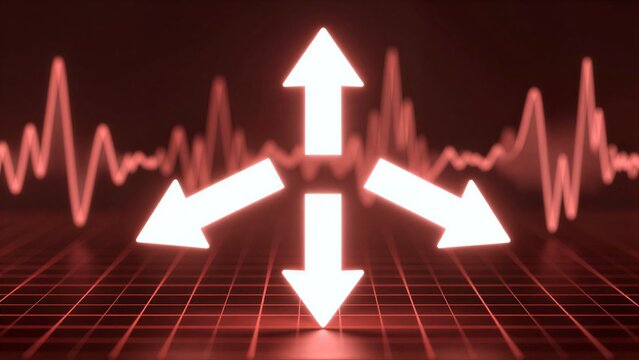Red arrows radiate from a central point against a heartbeat waveform background.