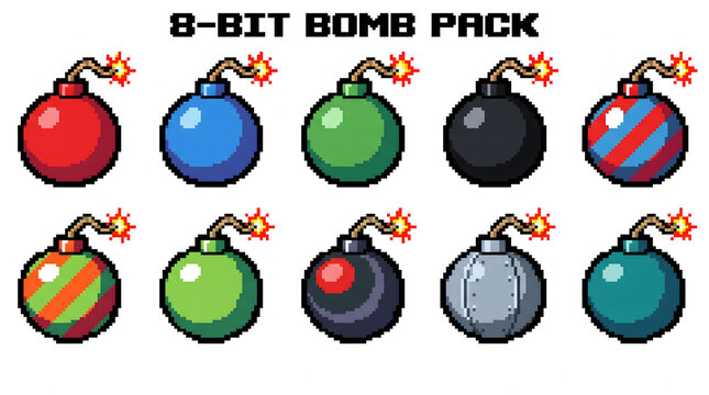 Collection of ten 8-bit pixel art bombs with ignited fuses in various colors