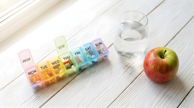 Weekly pill organizer with daily medicine, water glass and fresh apple