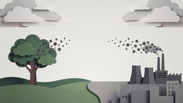 Sustainability concept contrasting lush green nature with grey industrial pollution in a paper cut art style.