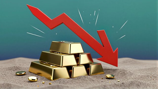 Golden bars pile up as a large red arrow points downward, symbolizing financial decline.