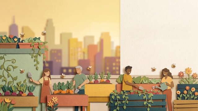 Sustainable urban community garden with diverse people planting vegetables and flowers in a paper-cut style illustration featuring bees and a city skyline.