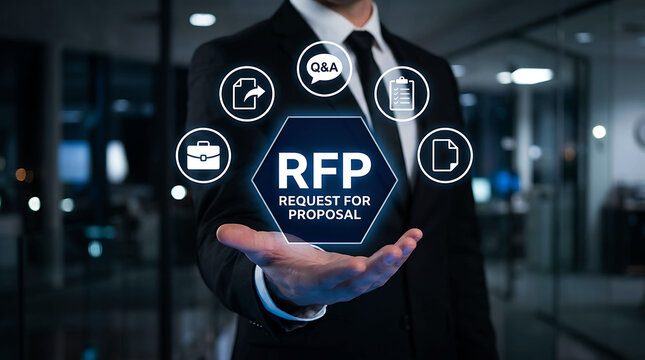 Businessman holding RFP request for proposal icon virtual corporate concept