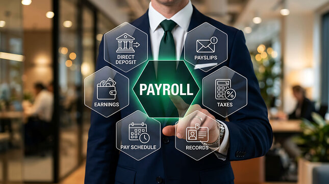 Businessman Touching Payroll Concept Hologram Screen For Employee Financial Management