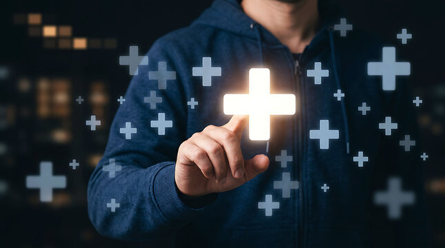 Man touching glowing plus sign representing healthcare business growth and technology