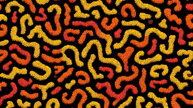 Abstract organic wavy pattern with grainy stippled texture in warm colors on black