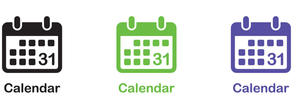 Set of calendar icons in black green and blue colors with calendar ico