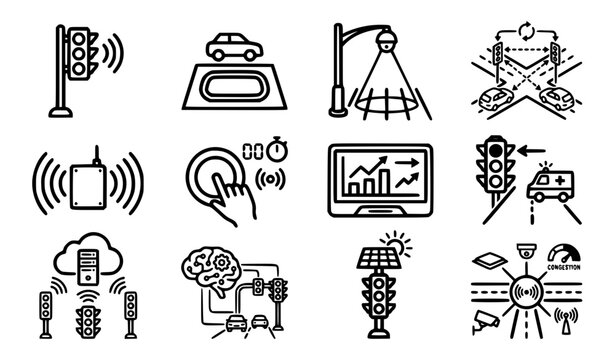 Smart traffic light road sensor vector icons set intelligent transportation system line art collection
