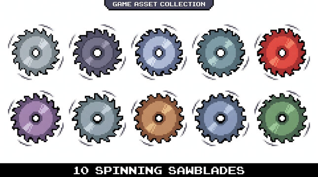 Pixel art collection of ten colorful spinning circular sawblades for video game level design