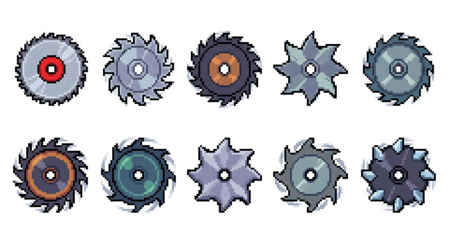 Pixel art set of various spinning circular saw blades and metallic traps for video game assets