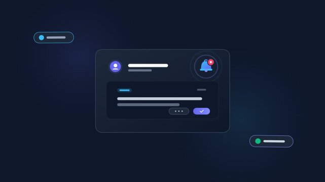 Futuristic dark mode UI notification window, sleek digital dashboard interface, modern glassmorphism app alert with bell icon