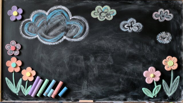 Chalkboard with colorful chalk flowers, clouds, and scattered crayons.