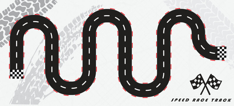 Race track in black color with tyre marks and city map on a white background.