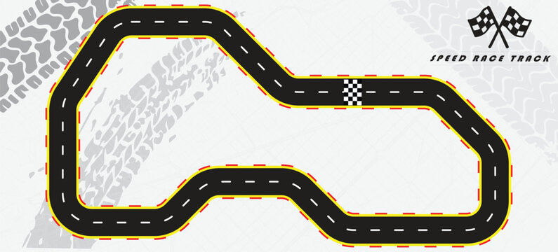 Race track in black color with tyre marks and city map on a white background.
