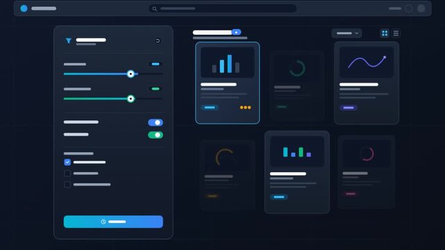Futuristic dark mode dashboard UI, digital data visualization interface with charts and graphs, modern tech analytics control panel