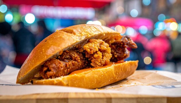 Crispy pork belly sandwich on artisan bread showcasing golden chicharron texture and street food appeal