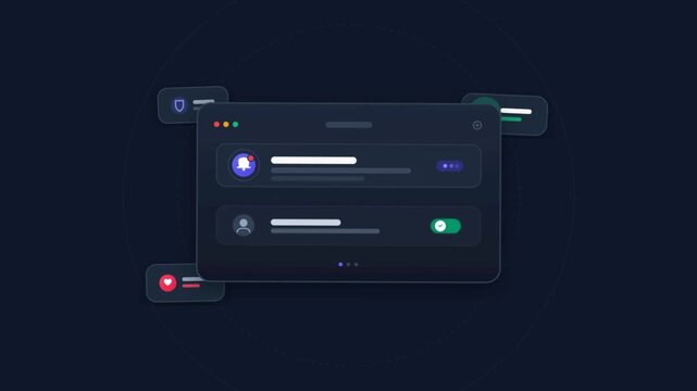 Futuristic dark mode UI dashboard animation, sleek software interface with glowing toggles, modern application user experience design