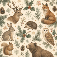 Fototapeta premium Vintage Woodland Christmas Pattern with Deer Fox Bear Owl Rabbit Hedgehog and Squirrel