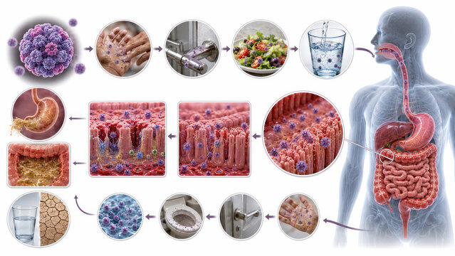Human Norovirus Infection, Fecal Oral Transmission Through Contaminated Hands, Food, Water and Surfaces Causing Gastroenteritis