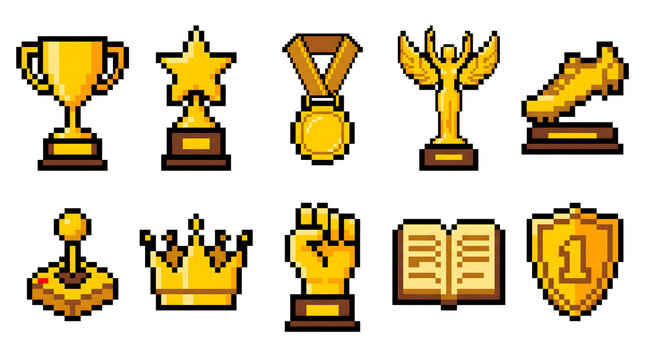 Pixel art golden achievement icons collection featuring trophies medals and game awards