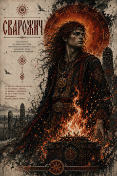 Svarozhich Slavic God of Sacred Fire and Hearth, Son of Svarog in Ancient Pagan Mythology Illustration