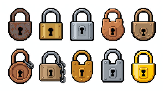 Retro pixel art padlock icons in various metal finishes for video game security interface