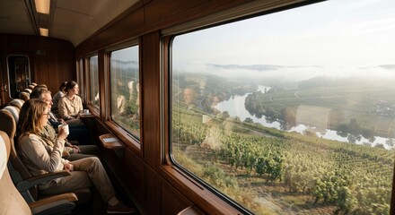 Fototapeta premium Passengers relaxing in a vintage luxury train car observing a scenic river valley landscape through large panoramic windows