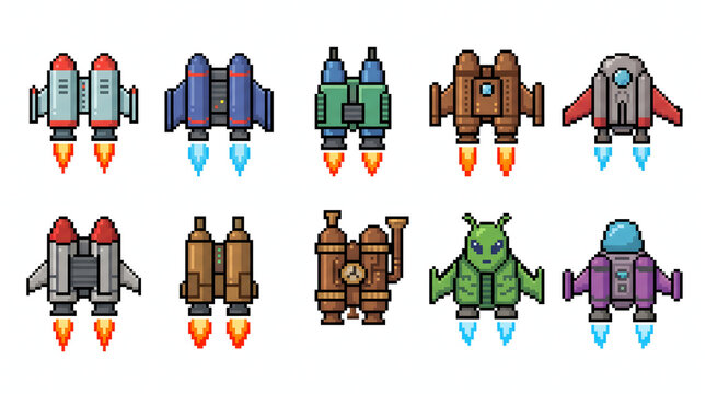 Diverse set of pixel art jetpacks and rocket boosters for retro sci-fi game character equipment