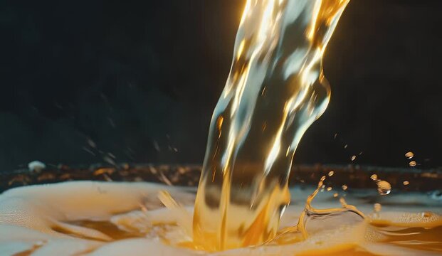 Golden beer pouring with white foam and sparkling bubbles