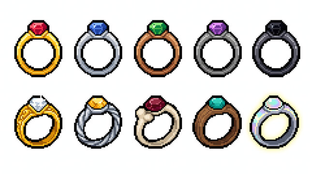 Pixel art jewelry set featuring various gemstone rings for fantasy role playing game icons