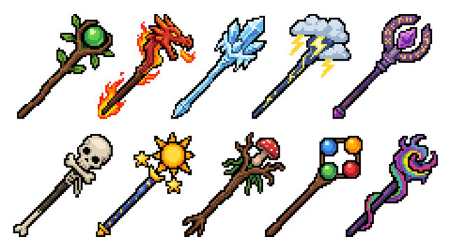 Set of various elemental magic staff icons designed in classic pixel art for fantasy game assets