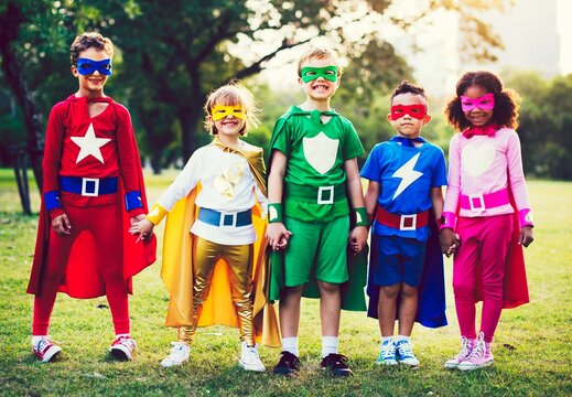 Colorful superhero kids with superpowers