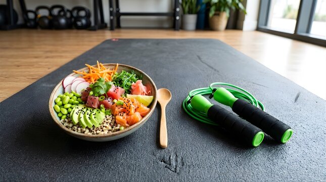 Healthy poke bowl with fresh salmon and tuna served on a yoga gym mat