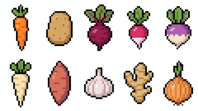 Retro 8-bit style root vegetable icons including carrot beetroot and garlic