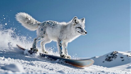 Fototapeta premium A snowy fox snowboards down a mountain with crystal-like fur and sparkling tail.