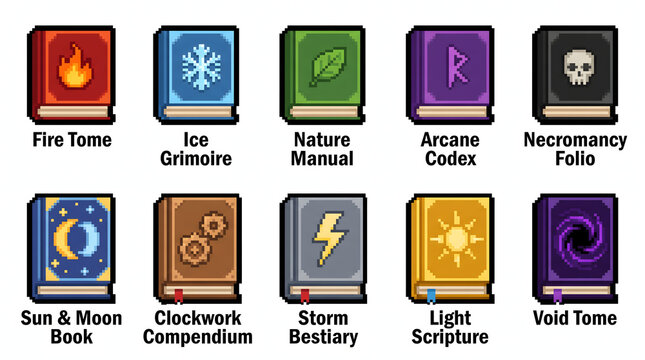 Fantasy pixel art magic tomes and grimoires collection for RPG game interface design.
