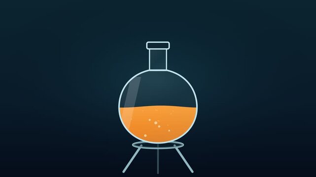 Minimalist motion graphics animation showing a glass round-bottom laboratory flask on a tripod stand with bubbling orange fluid