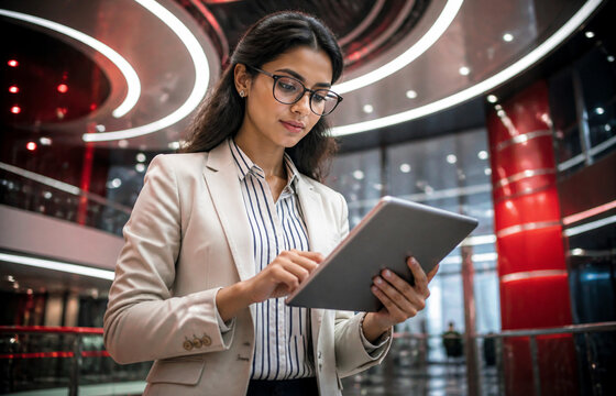 Professional businesswoman wearing glasses using digital tablet while standing in modern corporate building lobby with red illuminated architectural design stock photo